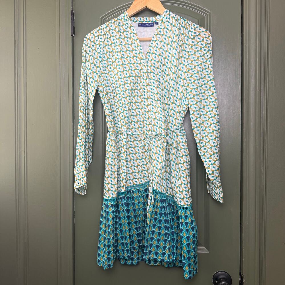 NWT Ro's Garden Ines Short Mini Tie-Waist Boho Dress Blue Green Teal Garcon XS